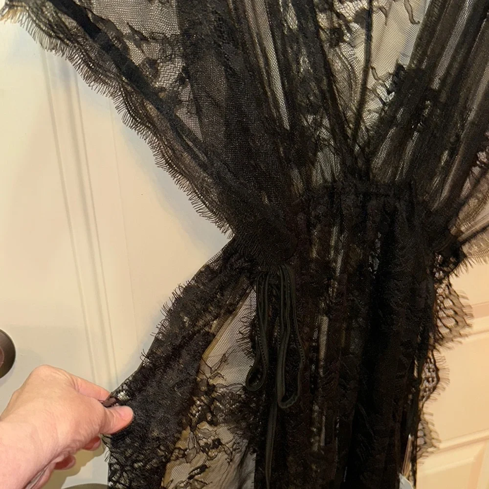 Vvbehot Sheer Black Lace Robe‎ with Deep V-Neck and Flowing Design